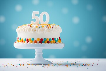 Birthday white cake with colorful confectionery sprinkles decorated with a number fifty on a blue...