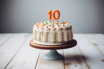 Birthday white cake with colorful confectionery sprinkles decorated with a number ten on a wooden table.