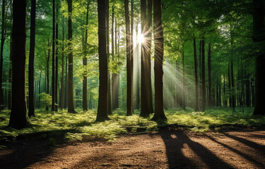 sun shining through trees in a forest