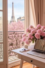 Springtime Parisian Workspace with Eiffel Tower and Blooming Balcony View.