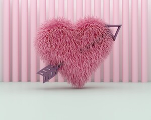 Pink fur heart with arrow isolated on  pink and green background. 3d render. San valentin banner. 