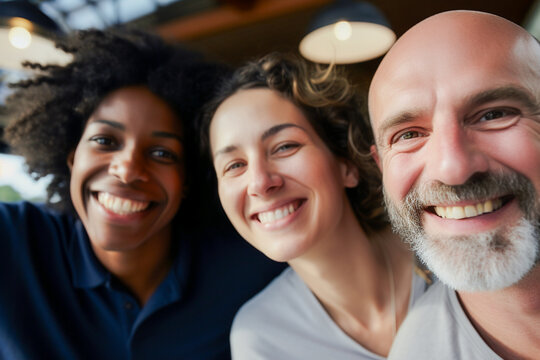Empleados felices se re&uacute;nen para mostrar la belleza de la diversidad, los diferentes or&iacute;genes y culturas en el lugar de trabajo.