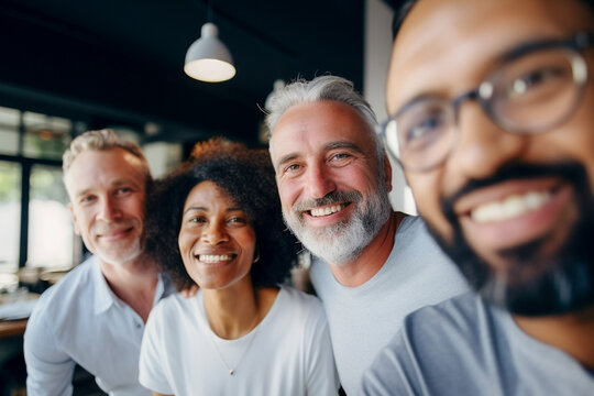 Empleados felices se re&uacute;nen para mostrar la belleza de la diversidad, los diferentes or&iacute;genes y culturas en el lugar de trabajo.