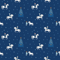 Christmas vector pattern. Happy new year background. Elements of snowflakes and Christmas trees. Children and horse