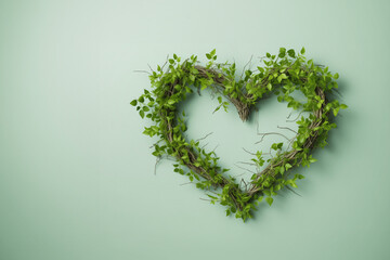 Valentine's day heart shaped natural tree branches with green fresh foliage banner postcard with...