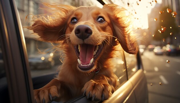 Joyful dog with head out of car window, enjoying high speed ride with motion blurred background