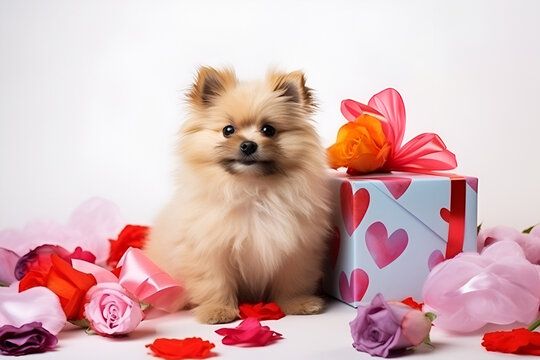 Funny dog congratulates on Valentine's Day on a white background with gifts and confetti from hearts.