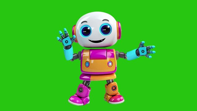 Cute Android robot dancing on green screen background.