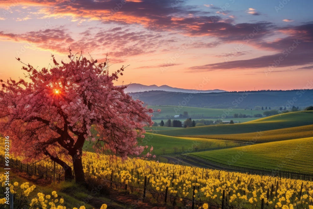 Aufkleber pink flowering tree stands tall in a vast field as the sun sets in the background, casting a warm gl