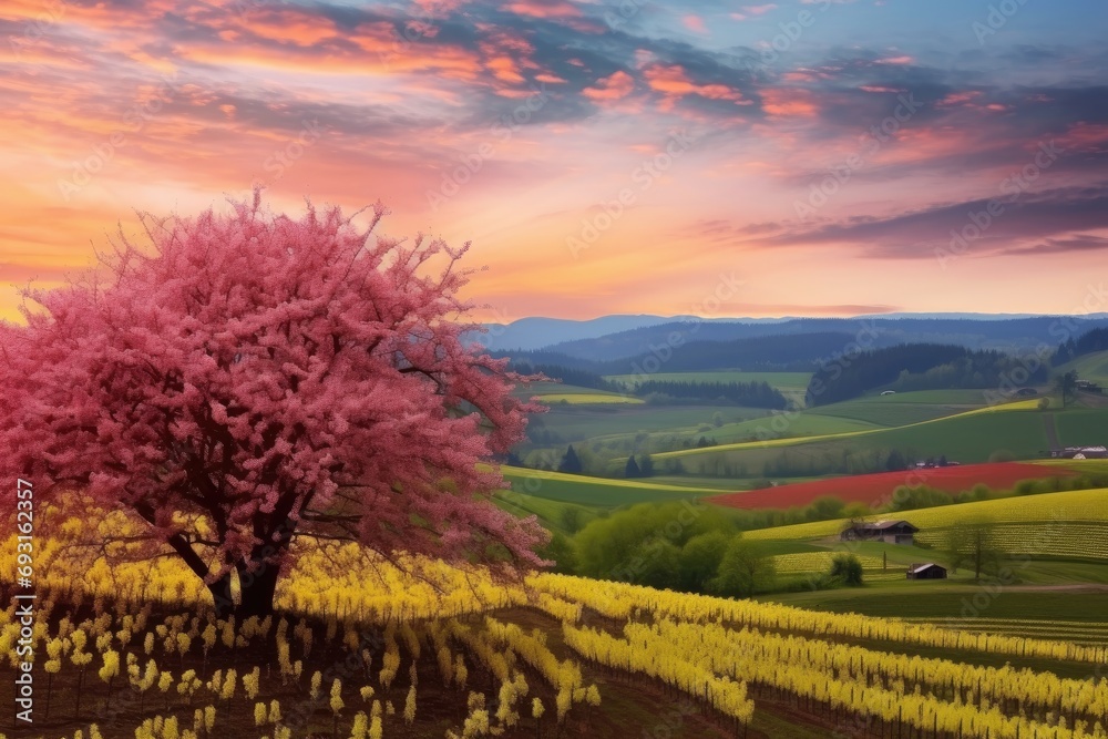 Poster pink sakura tree stands tall in the vast expanse of a field, its branches reaching towards the sky a