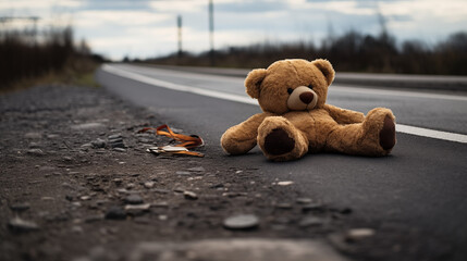 A discarded toy lies on the asphalt road. Concept of rejection and loneliness. Alone Teddy Bear. 