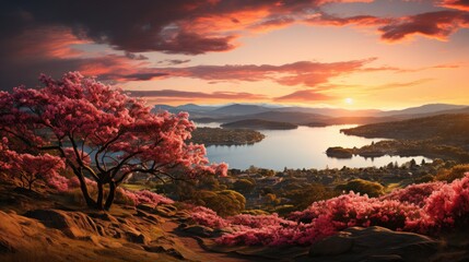 A mesmerizing painting capturing the beauty of a vibrant sunset casting warm hues over a calm lake, reflecting the skys stunning colors