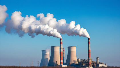 Obraz premium Smoke from the chimneys of a power plant on a background of blue sky. Concept of carbon trading market. Concept of carbon dioxide emissions, global warming and climate change. Air pollution concept.