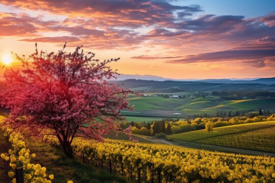 panoramic serene sunrise over landscape with pink blooms