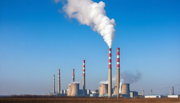 Smoke from the chimneys of a power plant on a background of blue sky. Concept of carbon trading market. Concept of carbon dioxide emissions, global warming and climate change. Air pollution concept.