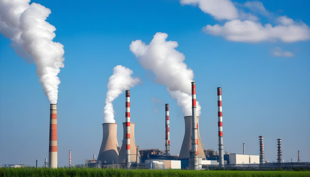 Smoke from the chimneys of a power plant on a background of blue sky. Concept of carbon trading market. Concept of carbon dioxide emissions, global warming and climate change. Air pollution concept.