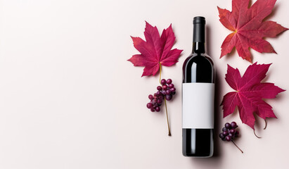a bottle of red wine and autumn leaves
