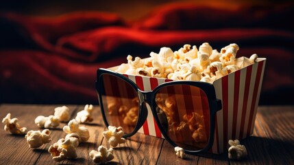 A paper bag with popcorn, glasses. A cozy evening watching a movie or TV series at home. There are blurred lights in the background.