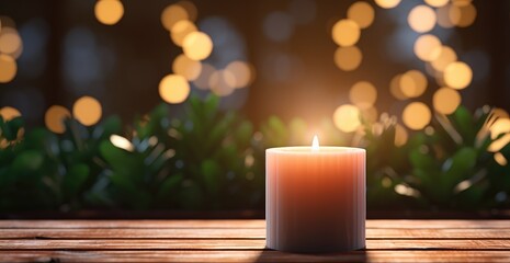 a candle hanging on a wooden table with greenery next to it