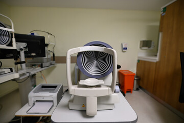 Cornea topografi. Cabinet during study of the eyesight using a modern corneal topographer. Optical...