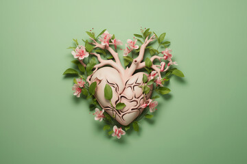 Valentine's day health life heart with pink flowers banner postcard with empty space on green background. Generative AI