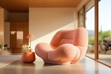 Peach fuzz pastel color armchair with boucle texture in a living room interior