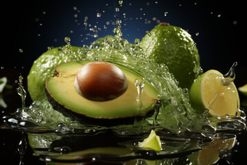 close up view of sliced avocado with water drops and splash