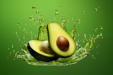 close up view of sliced avocado against green background with water splash