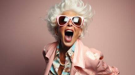 Old woman with a happy and surprised face in a peach Fuzz color clothes on a soft pastel background