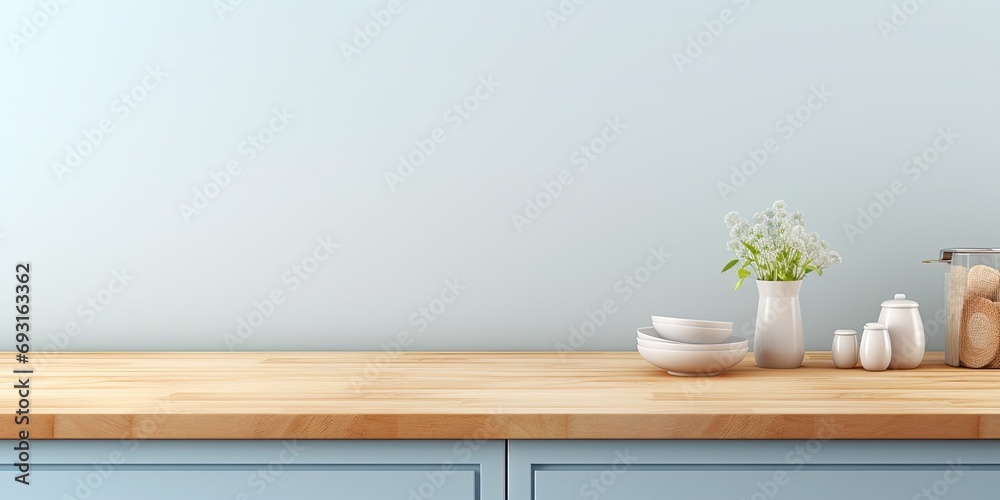 Wall mural light blue scandinavian interior backdrop with a mock-up of a wooden kitchen table top. - Wall murals