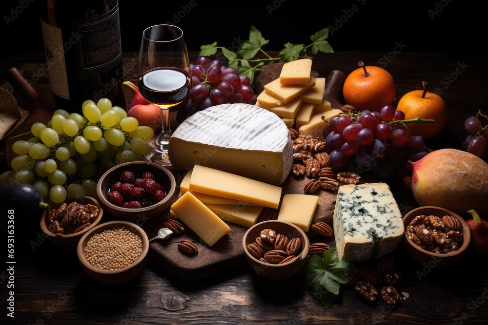 Poster a visually stunning array of assorted cheeses spread out on a rustic table, showcasing a mix of text
