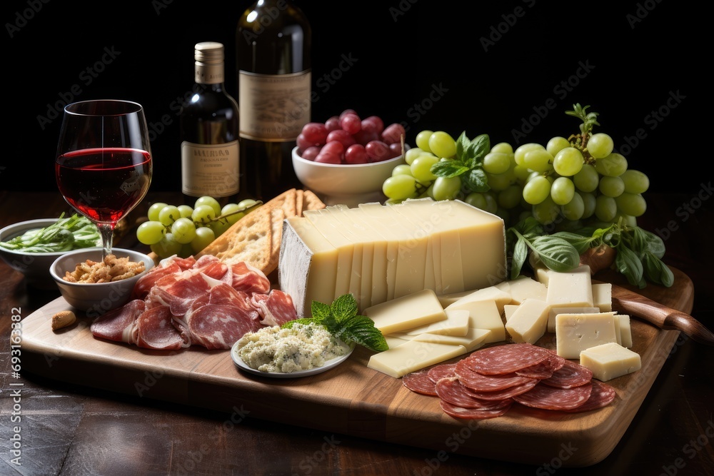 Poster A wooden cutting board overflows with a delectable array of cheese and meats, creating a tantalizing display of flavors and textures