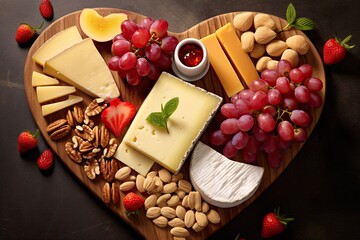 A heart-shaped platter filled with an assortment of cheese, nuts, and fruit, creating a beautiful...