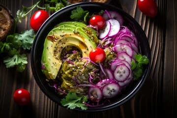 Colorful avocado salad with cherry tomatoes, cucumber, and lettuce in bowl   top view