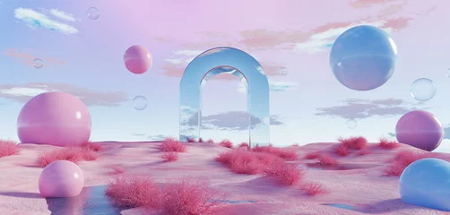Papier Peint photo autocollant Violet 3d Render, Abstract Surreal pastel landscape background with arches and podium for showing product, panoramic view, Colorful dune scene with copy space, blue sky and cloudy, Minimalist decor design