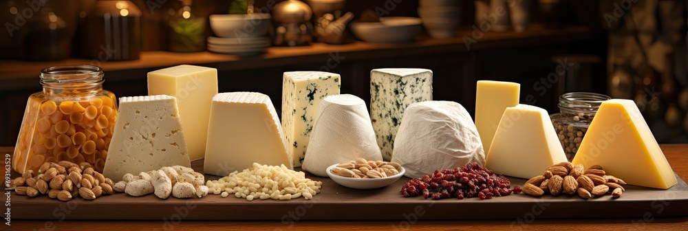 Poster Indulge in a visually appealing display of assorted cheeses and nuts meticulously arranged on a decorative tray, creating a tempting spread of flavors and textures