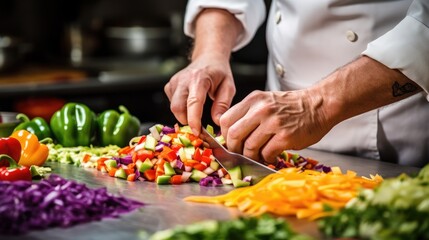 A close-up shot of a chef's hands as he expertly cuts vegetables with a sharp knife