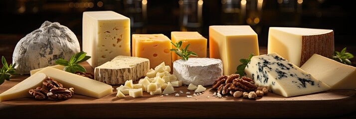 A wooden cutting board displays an abundant selection of various cheeses, ranging from creamy brie to sharp cheddar, ready to be enjoyed - obrazy, fototapety, plakaty