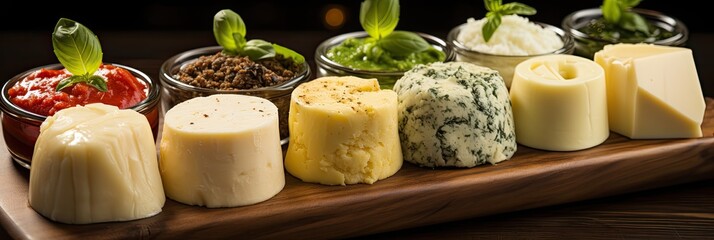 cheese variations mozzarella, parmiggiano, bel paese, grana padano, fontina on the table, banner - obrazy, fototapety, plakaty