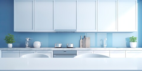 4k modern kitchen, white and blue backdrop