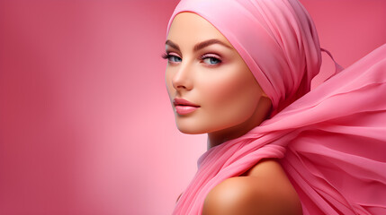 Mujer mirando a la camara en ambiente rosa concepto cancer de mama banner publicidad con espacio para texto