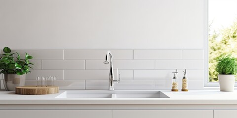 Contemporary white kitchen counter and sink.