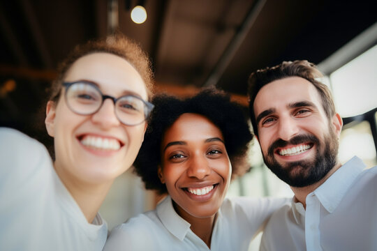 Empleados felices se re&uacute;nen para mostrar la belleza de la diversidad, los diferentes or&iacute;genes y culturas en el lugar de trabajo.