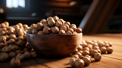 Hazelnuts in a wooden bowl on a wooden table. Close-up. - obrazy, fototapety, plakaty