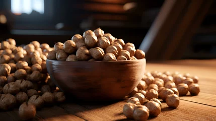Fotobehang Hazelnuts in a wooden bowl on a wooden table. Close-up. © Sumera