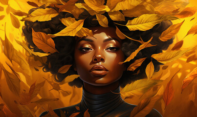 Beautiful dark skinned African American woman with yellow leaves on her head.