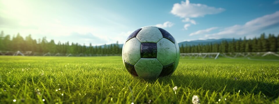 a football is on the grass near the goal
