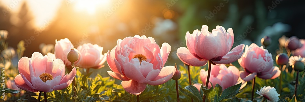 Wall mural A field of vibrant pink peony flowers sways gently as the warm sun sets in the background, casting a golden hue over the landscape