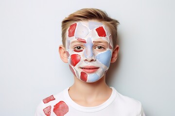 a young man whose face and upper body are painted in red and white stripes. Creative self-expression of a young man in red and white stripes.