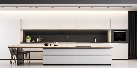 Modern white and black kitchen interior showcased from the front, with luxury and size.